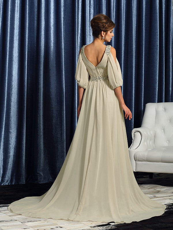 Robe longue de mère de la mariée en mousseline de soie, col en V, perles, manches 1/2